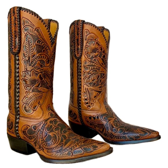 Custom Handmade Tooled Leather Brown Cowboy Western Boots Men’s 8 E Women’s 10 - Picture 2 of 8